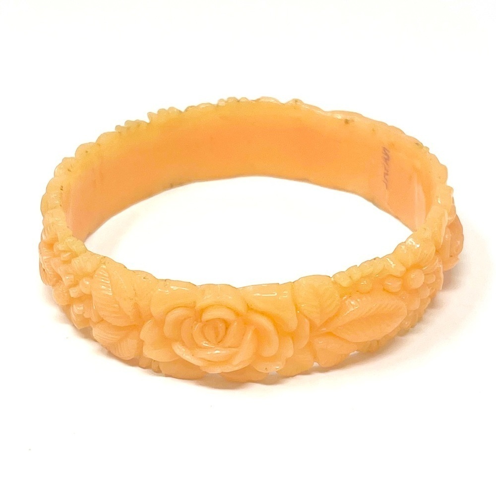 Vintage Carved Celluloid Floral Bangle Bracelet Marked Japan